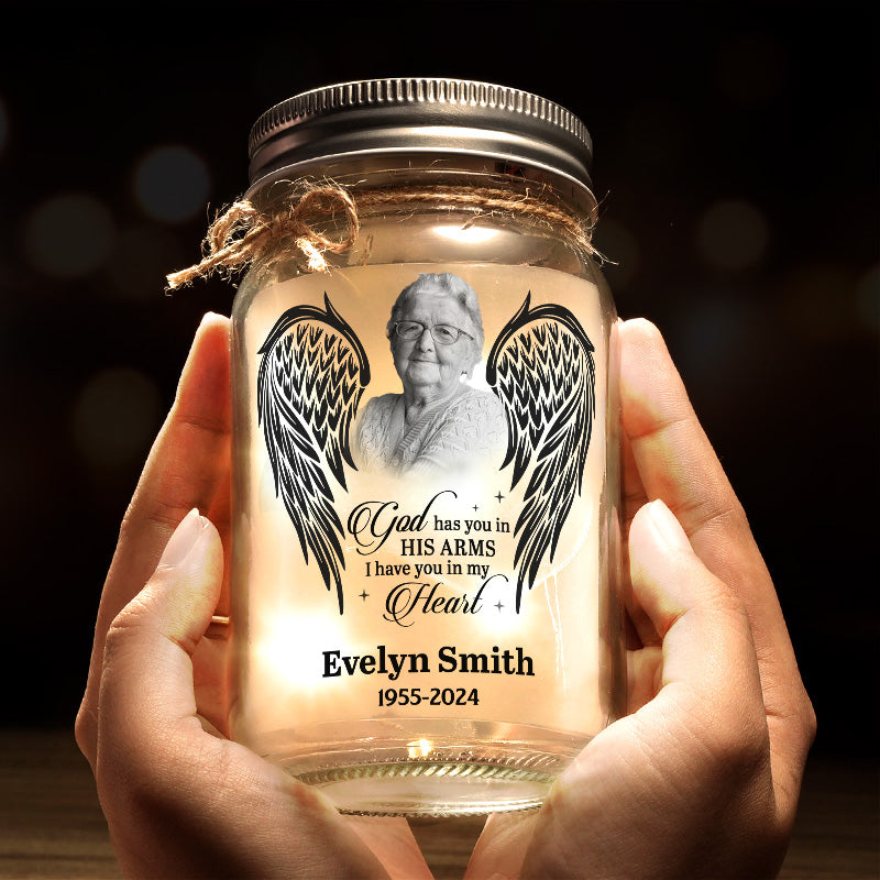 Photo personnalisée Dieu vous tient dans ses bras - Lampe commémorative personnalisée en pot Mason - Cadeau de condoléances pour les membres de la famille