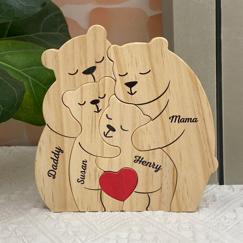 Ma famille - Puzzle en bois personnalisé en forme d'ours - Sculptures d'animaux en bois, ornements de table en bois sculpté, décoration en bois sculpté - Cadeau pour les membres de la famille