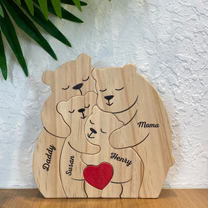 Ma famille - Puzzle en bois personnalisé en forme d'ours - Sculptures d'animaux en bois, ornements de table en bois sculpté, décoration en bois sculpté - Cadeau pour les membres de la famille
