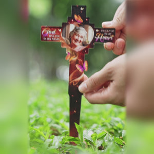 Photo personnalisée dans nos cœurs pour toujours - Piquet de jardin en acrylique personnalisé de style vitrail - Cadeau de condoléances pour les membres de la famille