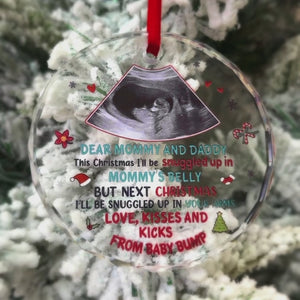 Photo personnalisée pour Noël prochain, je serai blotti dans tes bras - Décoration en verre personnalisée en forme de cercle pour la famille - Cadeau de Noël pour bébé, enfant, nouveau-né