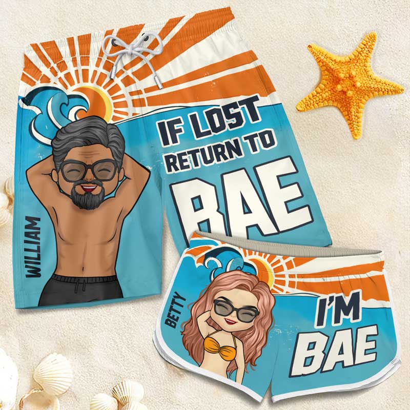 Si je suis perdu, retourne voir mon chéri - Short de plage hawaïen personnalisé et amusant pour couple - Cadeau de vacances d'été, cadeau de fête d'anniversaire pour mari et femme