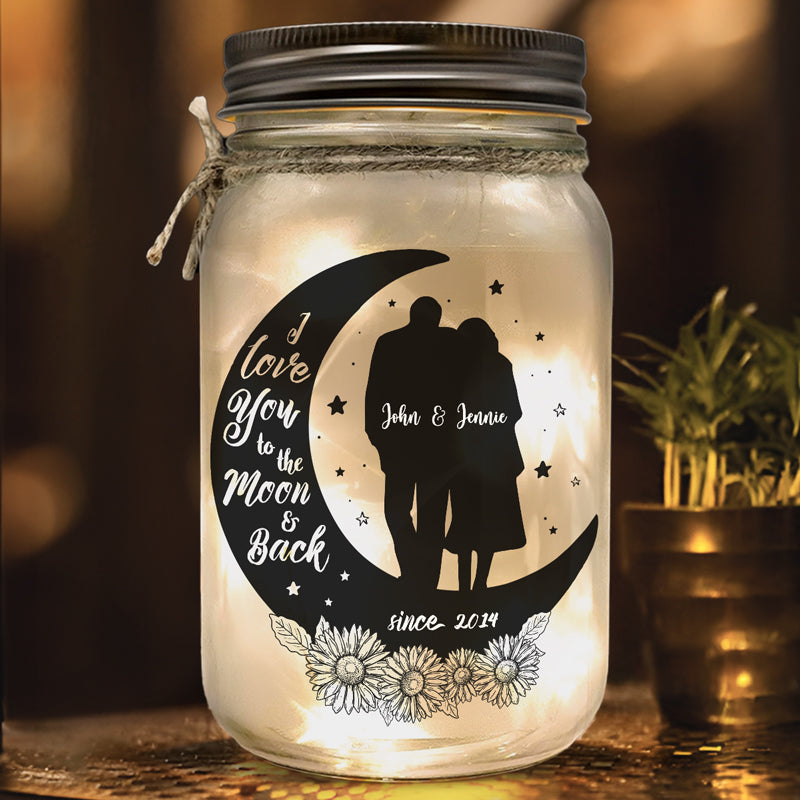 Je t'aime jusqu'à la lune et retour - Couple personnalisé Mason Jar Light - Cadeau pour mari et femme, anniversaire