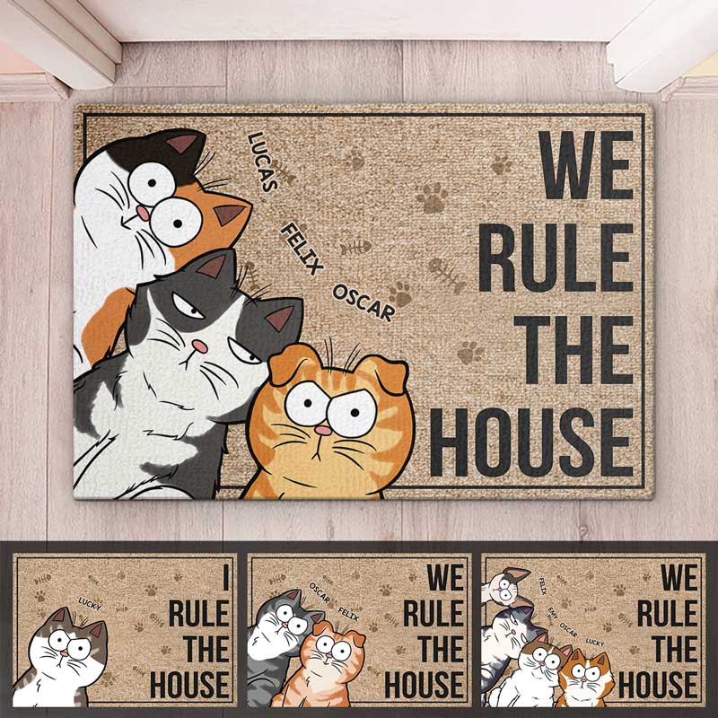 Here We Play House Rules - Cat Personalized Custom Decorative Mat - Gift For Pet Owners, Pet Lovers
