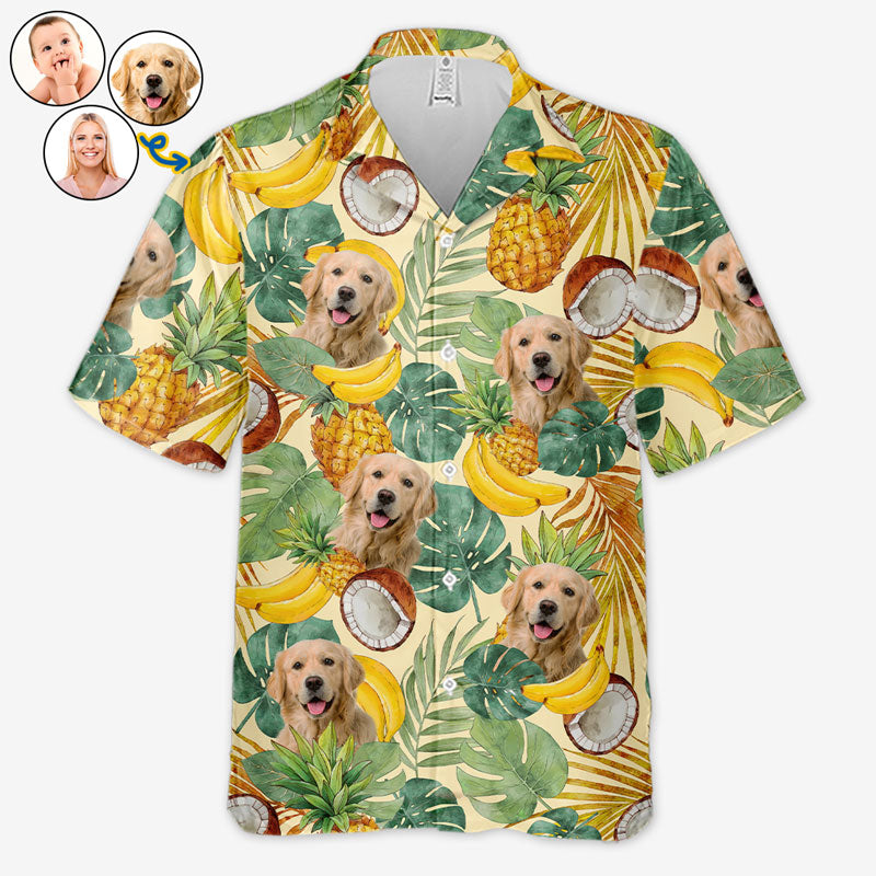 T-shirt hawaïen tropical unisexe personnalisé avec photo « Fruity Juicy Summer » pour chien et chat - Cadeau idéal pour les vacances d'été, les propriétaires d'animaux et les amoureux des animaux.