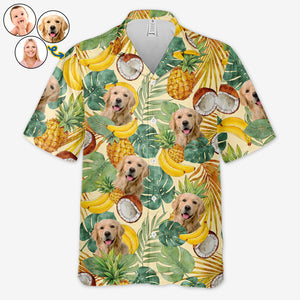 T-shirt hawaïen tropical unisexe personnalisé avec photo « Fruity Juicy Summer » pour chien et chat - Cadeau idéal pour les vacances d'été, les propriétaires d'animaux et les amoureux des animaux.