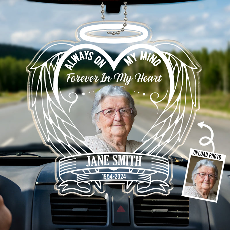 Photo personnalisée pour toujours dans mon cœur - Ornement de voiture personnalisé commémoratif - Forme personnalisée en acrylique - Cadeau de condoléances pour les membres de la famille