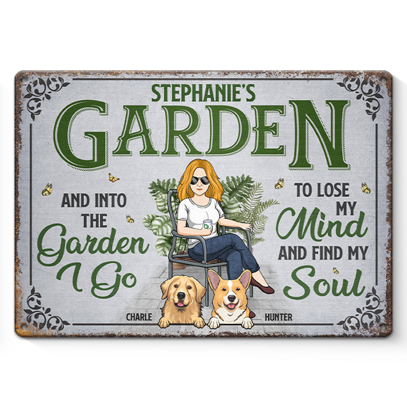Dans ce jardin, je vais perdre la tête et trouver mon âme - Plaque en métal personnalisée pour chien - Cadeau de pendaison de crémaillère pour propriétaires d'animaux, amoureux des animaux et amateurs de jardinage