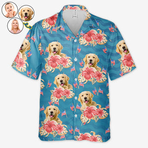 T-shirt hawaïen unisexe personnalisé avec photo pour l'été - Motif tropical patriotique pour chien et chat - Fête de l'Indépendance, 4 juillet, cadeau pour les vacances d'été, cadeau pour les propriétaires d'animaux et les amoureux des animaux