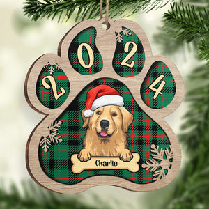 Décoration de Noël personnalisée en bois en forme de patte - Chien, chat et neige - Motif à carreaux Buffalo - Image de téléchargement de décoration personnalisée, cadeau pour les amoureux des animaux