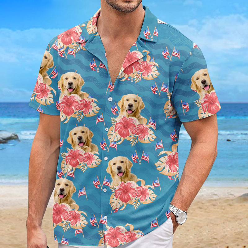 T-shirt hawaïen unisexe personnalisé avec photo pour l'été - Motif tropical patriotique pour chien et chat - Fête de l'Indépendance, 4 juillet, cadeau pour les vacances d'été, cadeau pour les propriétaires d'animaux et les amoureux des animaux