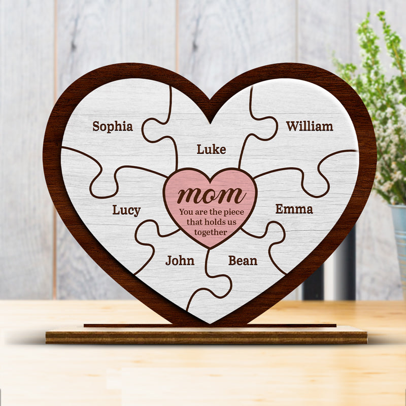 Tu es la pièce qui nous unit - Plaque en bois personnalisée à 2 couches avec support plat - Cadeau de pendaison de crémaillère pour maman