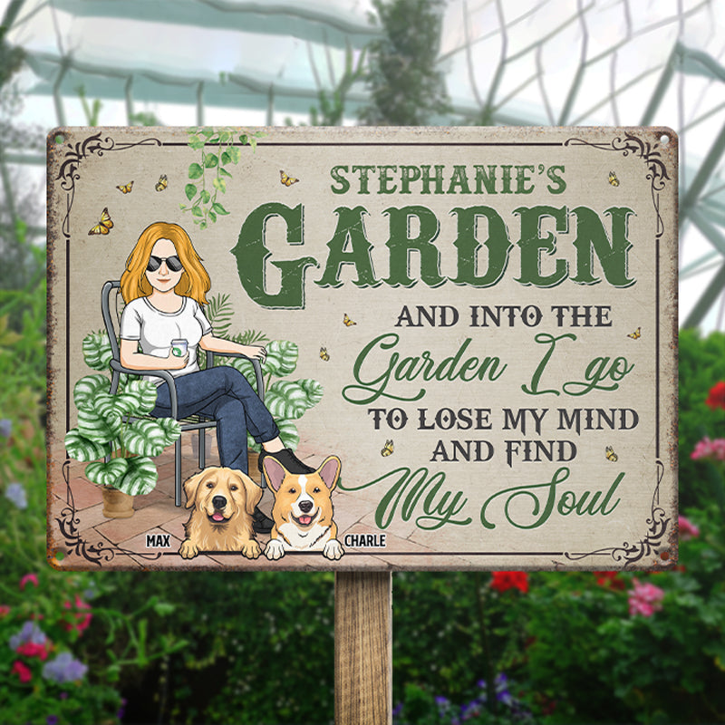Je vais perdre la tête et trouver mon âme - Plaque en métal personnalisée pour chien - Cadeau de pendaison de crémaillère pour propriétaires d'animaux, amoureux des animaux et amateurs de jardinage