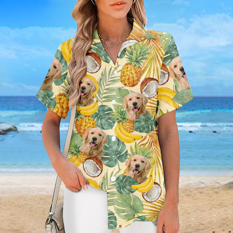 T-shirt hawaïen tropical unisexe personnalisé avec photo « Fruity Juicy Summer » pour chien et chat - Cadeau idéal pour les vacances d'été, les propriétaires d'animaux et les amoureux des animaux.