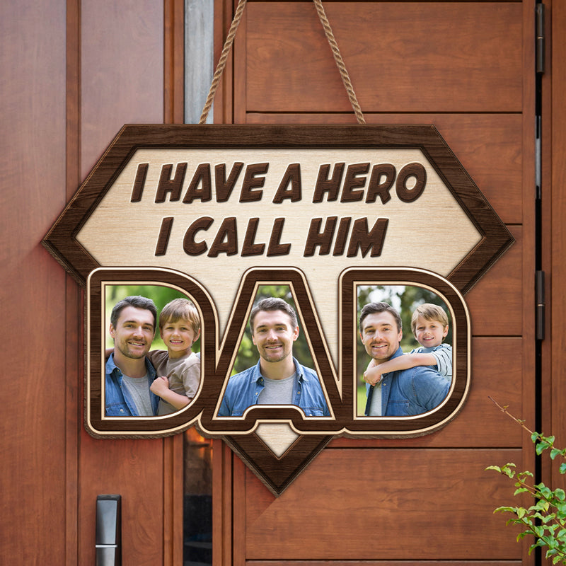 Photo personnalisée « J'ai un héros, je l'appelle papa » - Panneau en bois personnalisé pour décoration d'intérieur - Cadeau de pendaison de crémaillère pour papa