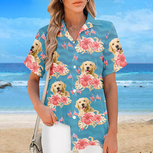 T-shirt hawaïen unisexe personnalisé avec photo pour l'été - Motif tropical patriotique pour chien et chat - Fête de l'Indépendance, 4 juillet, cadeau pour les vacances d'été, cadeau pour les propriétaires d'animaux et les amoureux des animaux