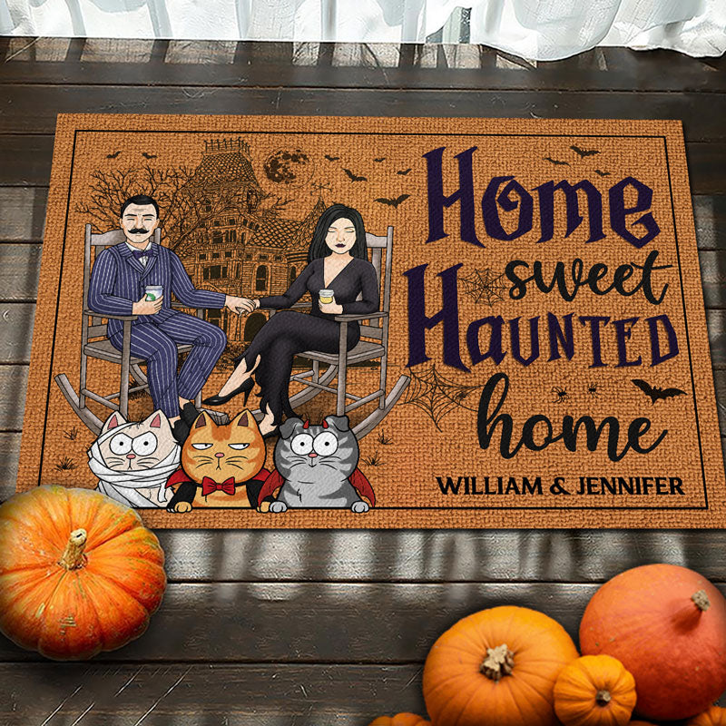 Maison hantée - Tapis décoratif personnalisé pour couple - Cadeau d'Halloween pour mari, femme, propriétaires d'animaux, amoureux des animaux