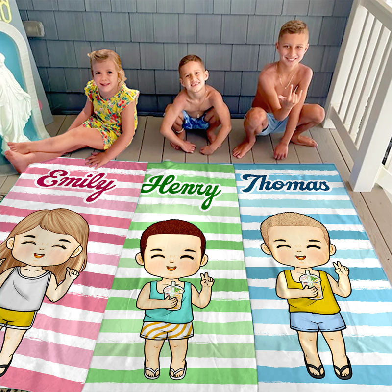 Serviette de plage personnalisée pour toute la famille - Cadeau idéal pour les vacances d'été, un anniversaire ou une fête à la piscine