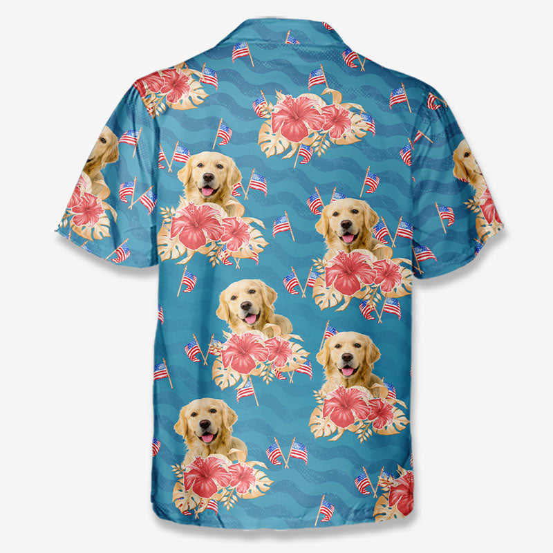 T-shirt hawaïen unisexe personnalisé avec photo pour l'été - Motif tropical patriotique pour chien et chat - Fête de l'Indépendance, 4 juillet, cadeau pour les vacances d'été, cadeau pour les propriétaires d'animaux et les amoureux des animaux
