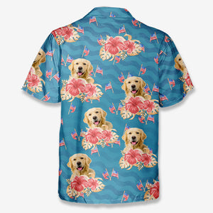 T-shirt hawaïen unisexe personnalisé avec photo pour l'été - Motif tropical patriotique pour chien et chat - Fête de l'Indépendance, 4 juillet, cadeau pour les vacances d'été, cadeau pour les propriétaires d'animaux et les amoureux des animaux