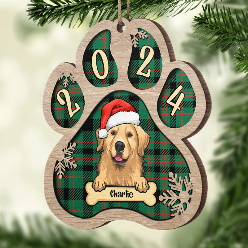 Décoration de Noël personnalisée en bois en forme de patte - Chien, chat et neige - Motif à carreaux Buffalo - Image de téléchargement de décoration personnalisée, cadeau pour les amoureux des animaux
