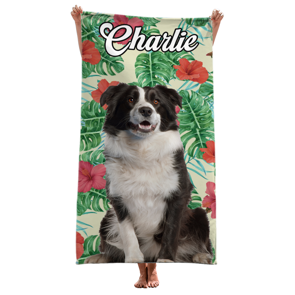 Serviette de plage personnalisée avec photo « État de bonheur tropical » pour chien et chat – Cadeau idéal pour les vacances d'été, les familles, les propriétaires d'animaux et les amoureux des animaux.