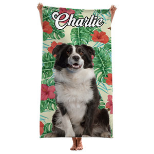 Serviette de plage personnalisée avec photo « État de bonheur tropical » pour chien et chat – Cadeau idéal pour les vacances d'été, les familles, les propriétaires d'animaux et les amoureux des animaux.