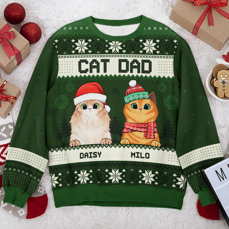 Joyeux Noël, papa chat, maman chat - Sweat-shirt de Noël unisexe personnalisé, sweat-shirt en laine, sweat-shirt imprimé intégral - Cadeau pour les amoureux des chats, les amoureux des animaux, cadeau de Noël