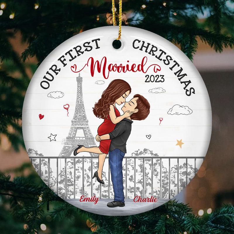 Our First Christmas - Couple Personalized Custom Ornament - Ceramic Round Shaped - Christmas Gift For Husband Wife, Anniversary