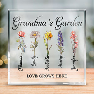 L'amour grandit dans le jardin de grand-mère - Plaque acrylique carrée personnalisée pour la famille - Cadeau d'anniversaire pour grand-mère