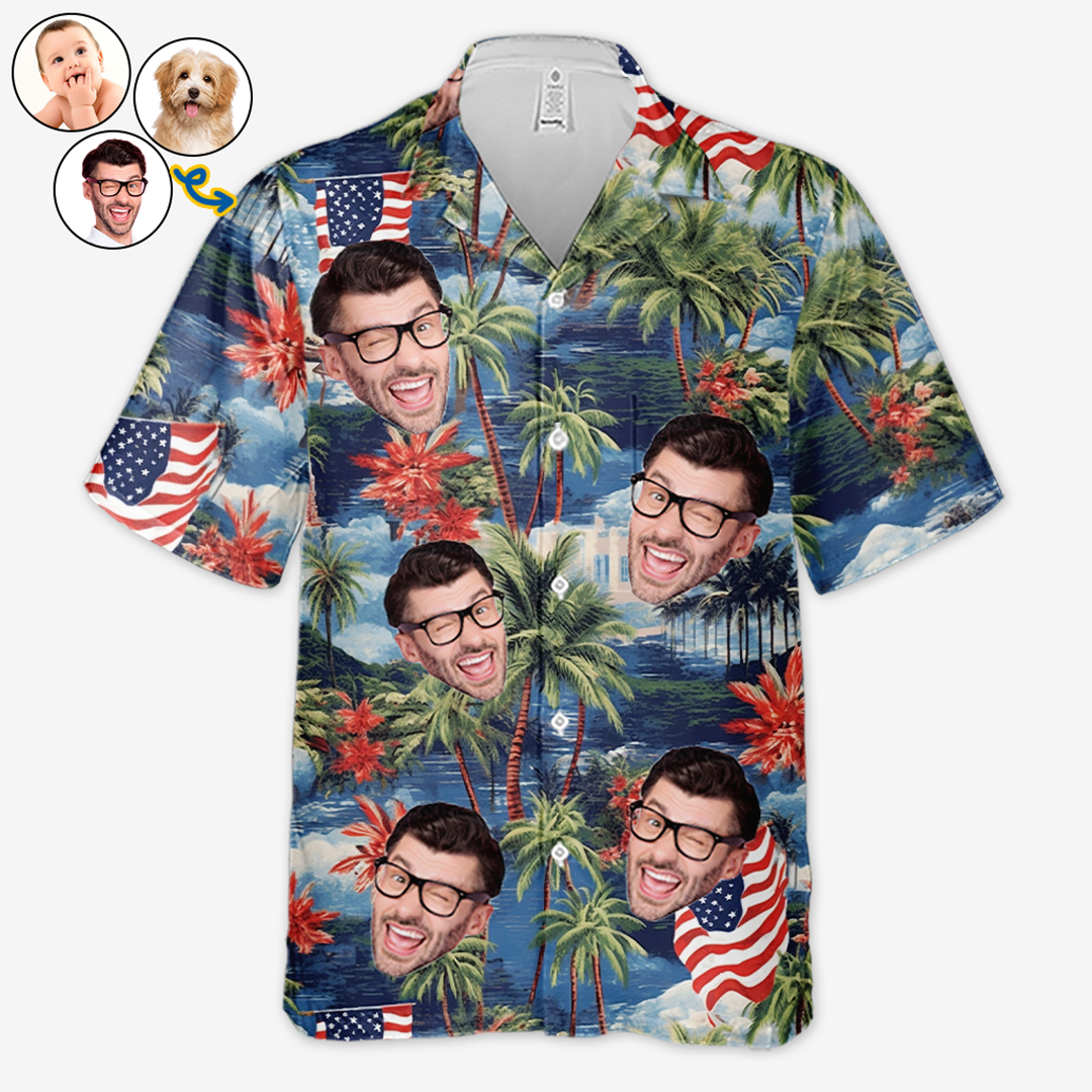 T-shirt hawaïen unisexe personnalisé avec photo My American Spirit - Cadeau pour la fête de l'indépendance, le 4 juillet, les vacances d'été, la famille, les propriétaires d'animaux et les amoureux des animaux.