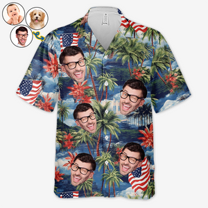 T-shirt hawaïen unisexe personnalisé avec photo My American Spirit - Cadeau pour la fête de l'indépendance, le 4 juillet, les vacances d'été, la famille, les propriétaires d'animaux et les amoureux des animaux.