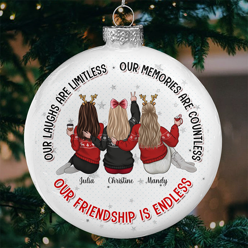 Notre amitié est infinie - Boule plate blanche personnalisée pour meilleure amie - Cadeau de Noël pour meilleures amies, meilleures amies, sœurs
