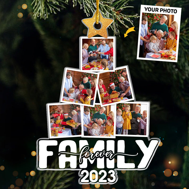 Photo personnalisée Notre arbre du bonheur - Ornement personnalisé familial - Forme personnalisée en acrylique - Cadeau de Noël pour les membres de la famille