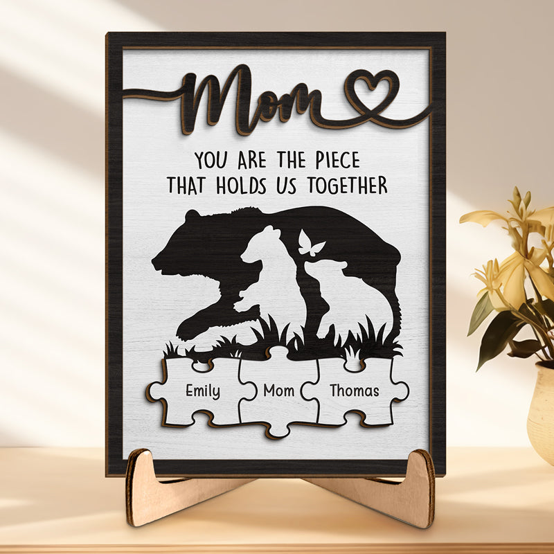 Maman, tu es le lien qui nous unit - Plaque en bois personnalisée à 2 couches avec support - Cadeau de pendaison de crémaillère pour maman et grand-mère