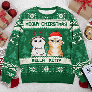 Joyeux Noël ! Sweat-shirt personnalisé avec chat, moche et personnalisé ! Pull unisexe en laine ! Cadeau de Noël pour les propriétaires et les amoureux des animaux.