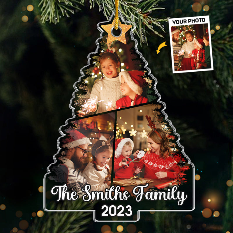 Photo personnalisée Famille où l'amour ne finit jamais - Ornement personnalisé familial - Forme personnalisée en acrylique - Cadeau de Noël pour les membres de la famille
