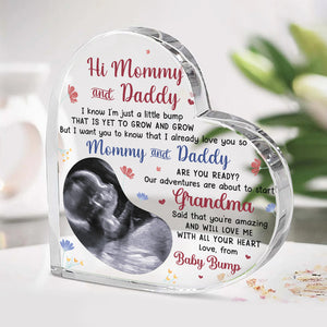 Custom Photo Our Adventures Are About To Start - Family Personalized Custom Heart Shaped Acrylic Plaque - Baby Shower Gift, Gift For First Dad, First Mom