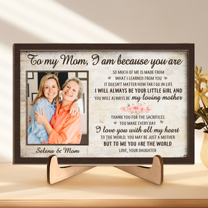 Photo personnalisée « Je suis parce que tu es » – Plaque en bois personnalisée à 2 couches avec support pour famille – Cadeau de pendaison de crémaillère pour maman