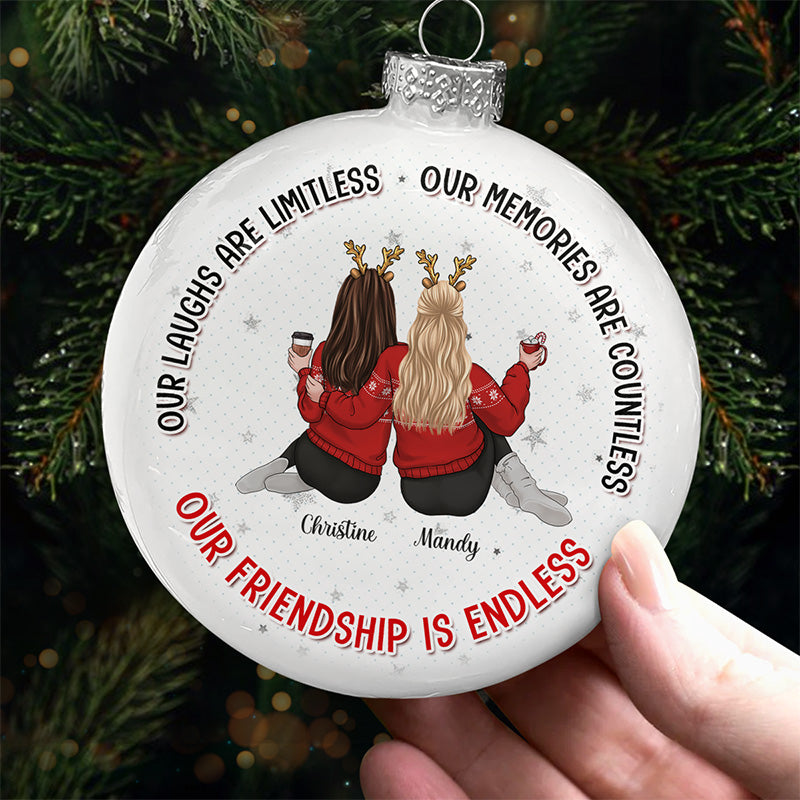 Notre amitié est infinie - Boule plate blanche personnalisée pour meilleure amie - Cadeau de Noël pour meilleures amies, meilleures amies, sœurs