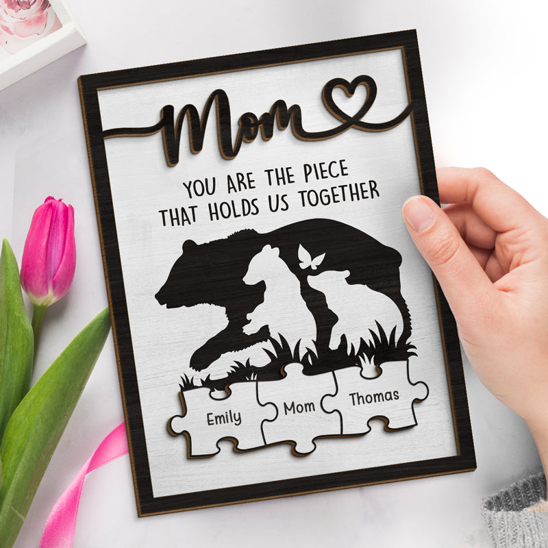 Maman, tu es le lien qui nous unit - Plaque en bois personnalisée à 2 couches avec support - Cadeau de pendaison de crémaillère pour maman et grand-mère