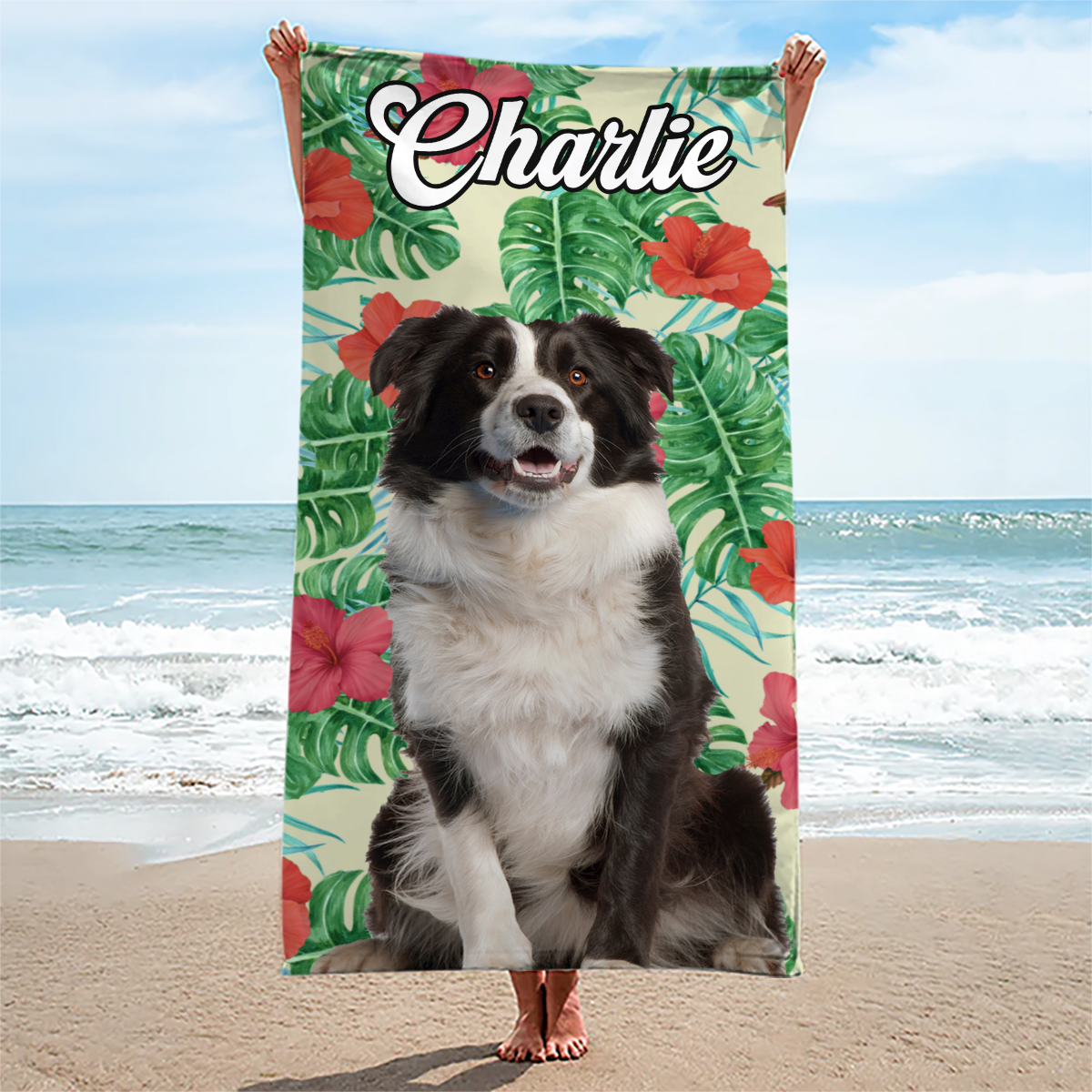 Serviette de plage personnalisée avec photo « État de bonheur tropical » pour chien et chat – Cadeau idéal pour les vacances d'été, les familles, les propriétaires d'animaux et les amoureux des animaux.