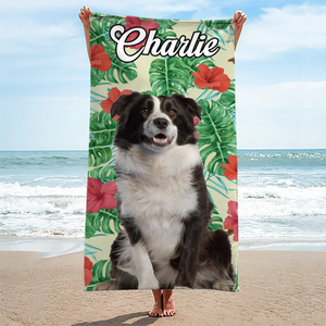 Serviette de plage personnalisée avec photo « État de bonheur tropical » pour chien et chat – Cadeau idéal pour les vacances d'été, les familles, les propriétaires d'animaux et les amoureux des animaux.