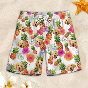 Short de plage hawaïen personnalisé avec photo « Allons à la plage » pour chien et chat, motif tropical Aloha, pour homme - Cadeau idéal pour les vacances d'été, les anniversaires et les amoureux des animaux.