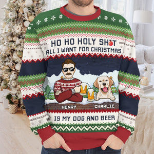 Tout ce que je veux pour Noël, c'est mon chien et de la bière - Sweat-shirt moche personnalisé pour chien - Pull en laine unisexe - Cadeau de Noël pour les propriétaires et les amoureux des animaux