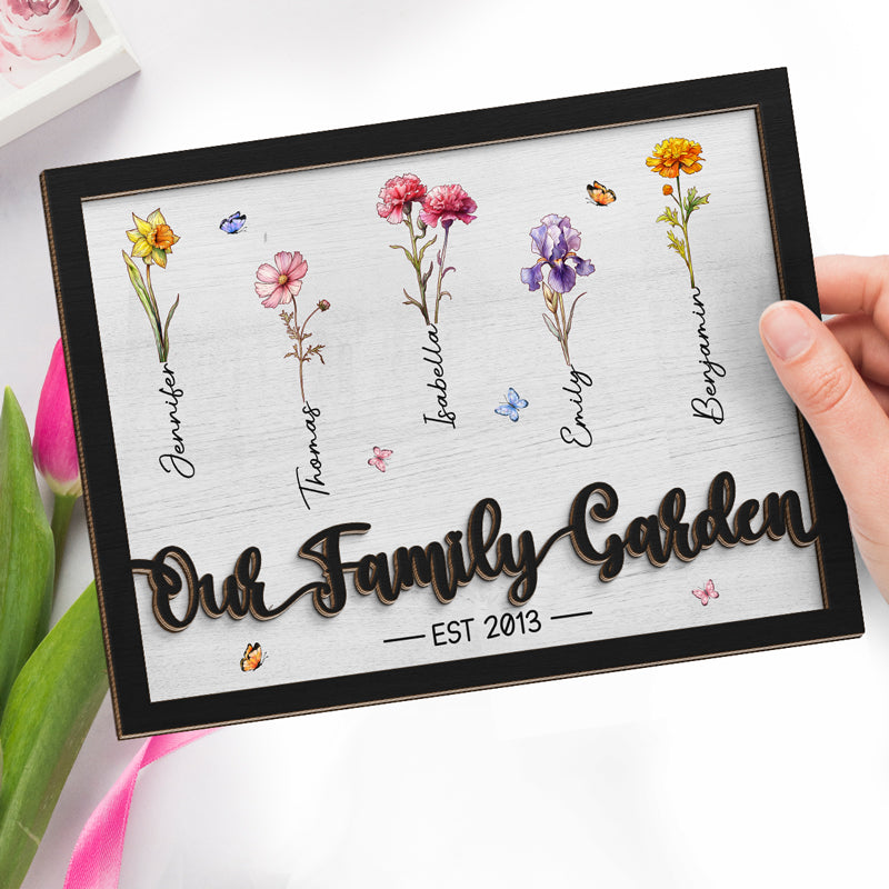 Notre jardin familial - Plaque en bois personnalisée à 2 couches avec support - Cadeau de pendaison de crémaillère pour les membres de la famille