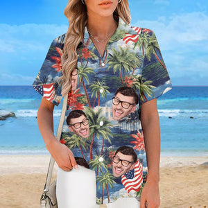 T-shirt hawaïen unisexe personnalisé avec photo My American Spirit - Cadeau pour la fête de l'indépendance, le 4 juillet, les vacances d'été, la famille, les propriétaires d'animaux et les amoureux des animaux.