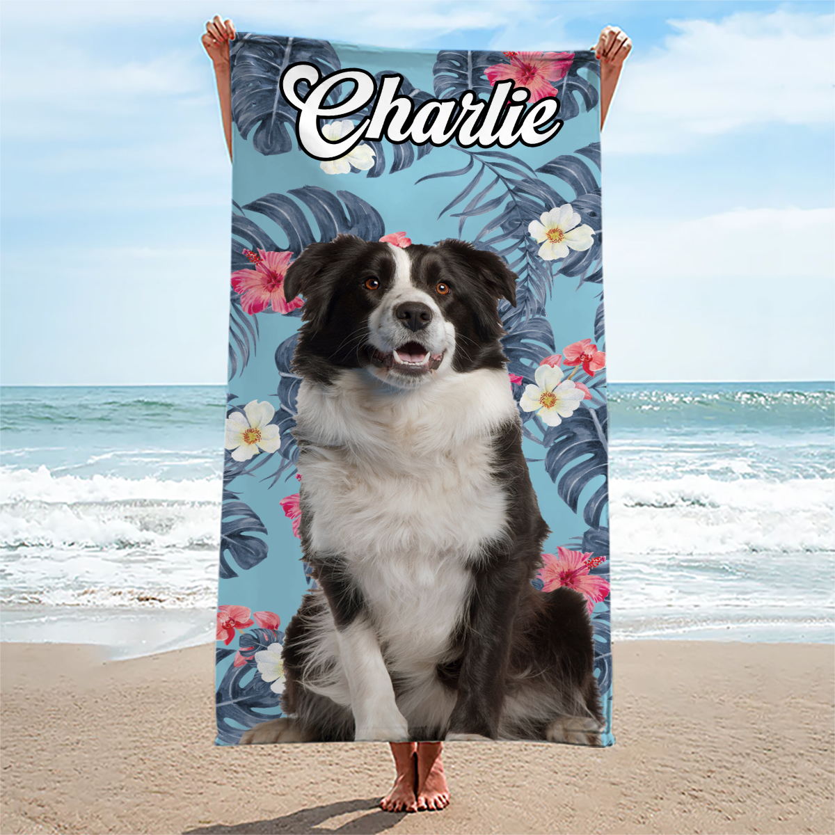Serviette de plage personnalisée avec photo « État de bonheur tropical » pour chien et chat – Cadeau idéal pour les vacances d'été, les familles, les propriétaires d'animaux et les amoureux des animaux.