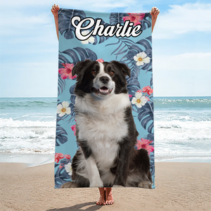 Serviette de plage personnalisée avec photo « État de bonheur tropical » pour chien et chat – Cadeau idéal pour les vacances d'été, les familles, les propriétaires d'animaux et les amoureux des animaux.