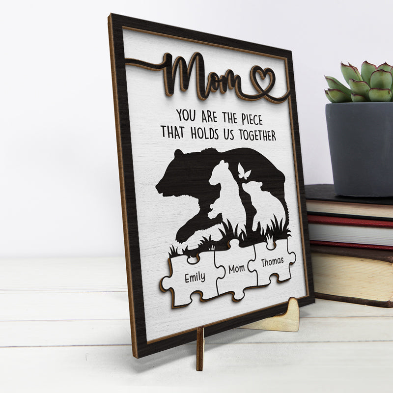 Maman, tu es le lien qui nous unit - Plaque en bois personnalisée à 2 couches avec support - Cadeau de pendaison de crémaillère pour maman et grand-mère